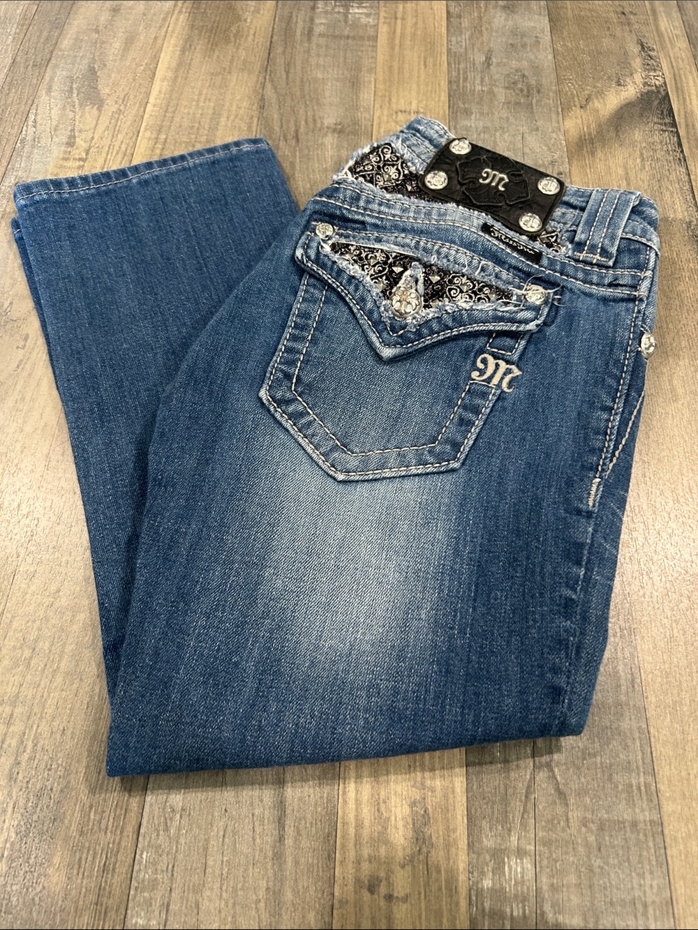 Miss Me Denim Capris with Embellished Back Pockets - Blue